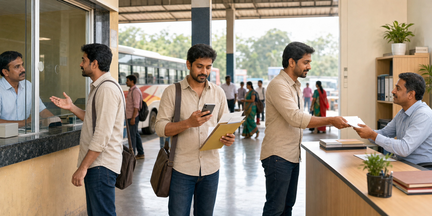 A traveller first approaches a bus ticket counter, then organizes digital and paper evidence, and finally submits documents at a public-service desk.