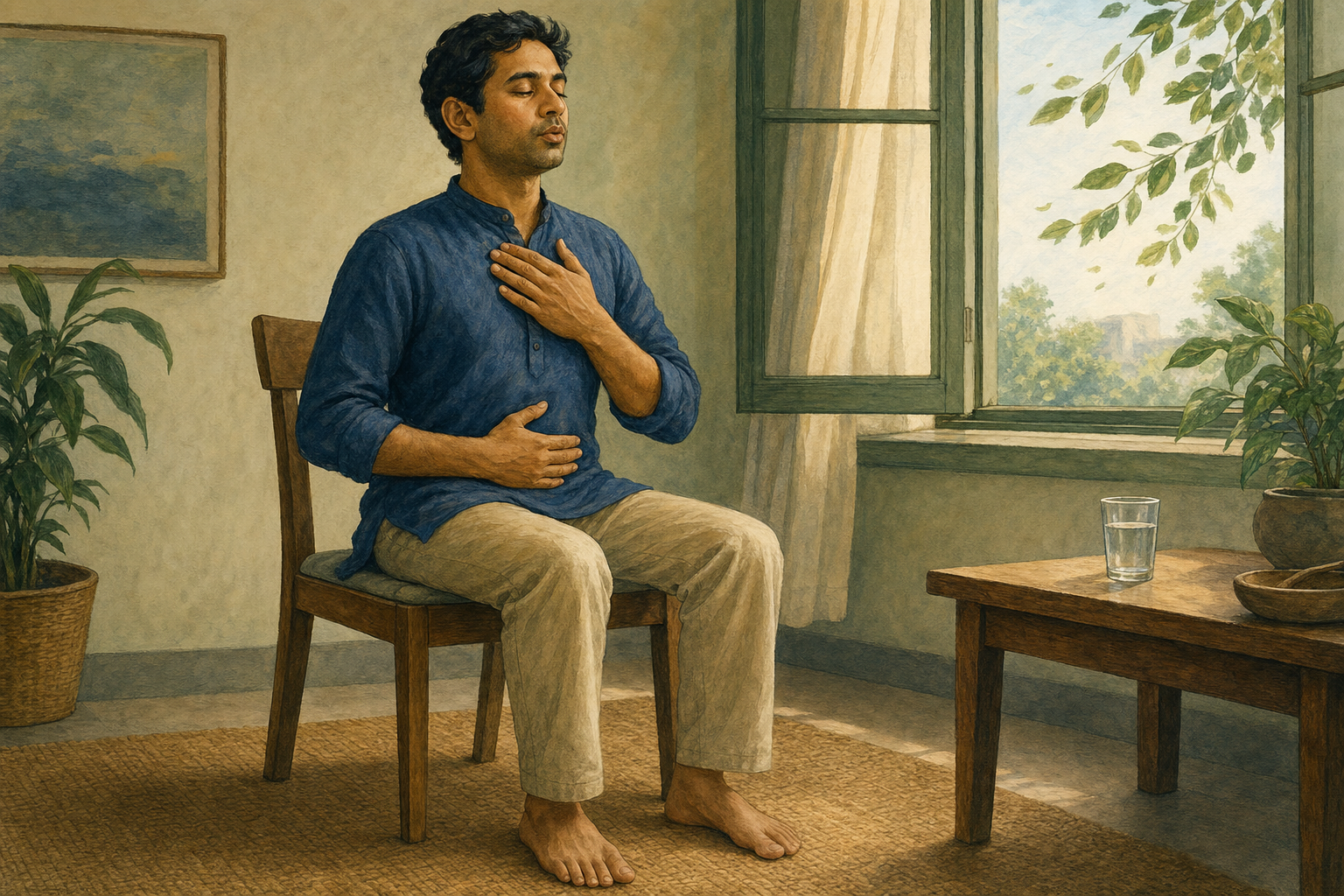 A seated adult grounds both feet on a rug and breathes slowly with one hand on the chest and one on the abdomen.