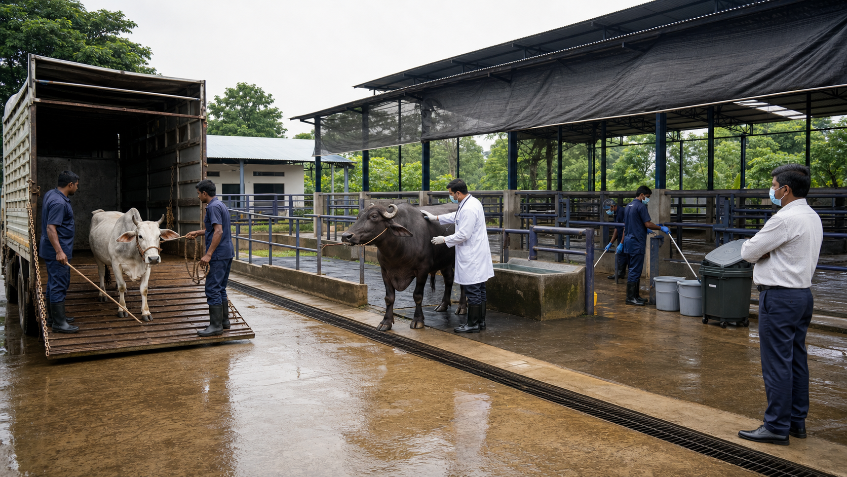 A regulated facility coordinates livestock arrival, veterinary inspection, humane holding, sanitation, and closed waste handling in separate work zones.