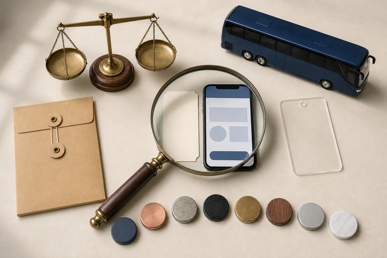 A magnifying glass, balanced scale, blank bus ticket, smartphone, evidence folder, model coach, and eight inspection tokens are arranged on a policy worktable.