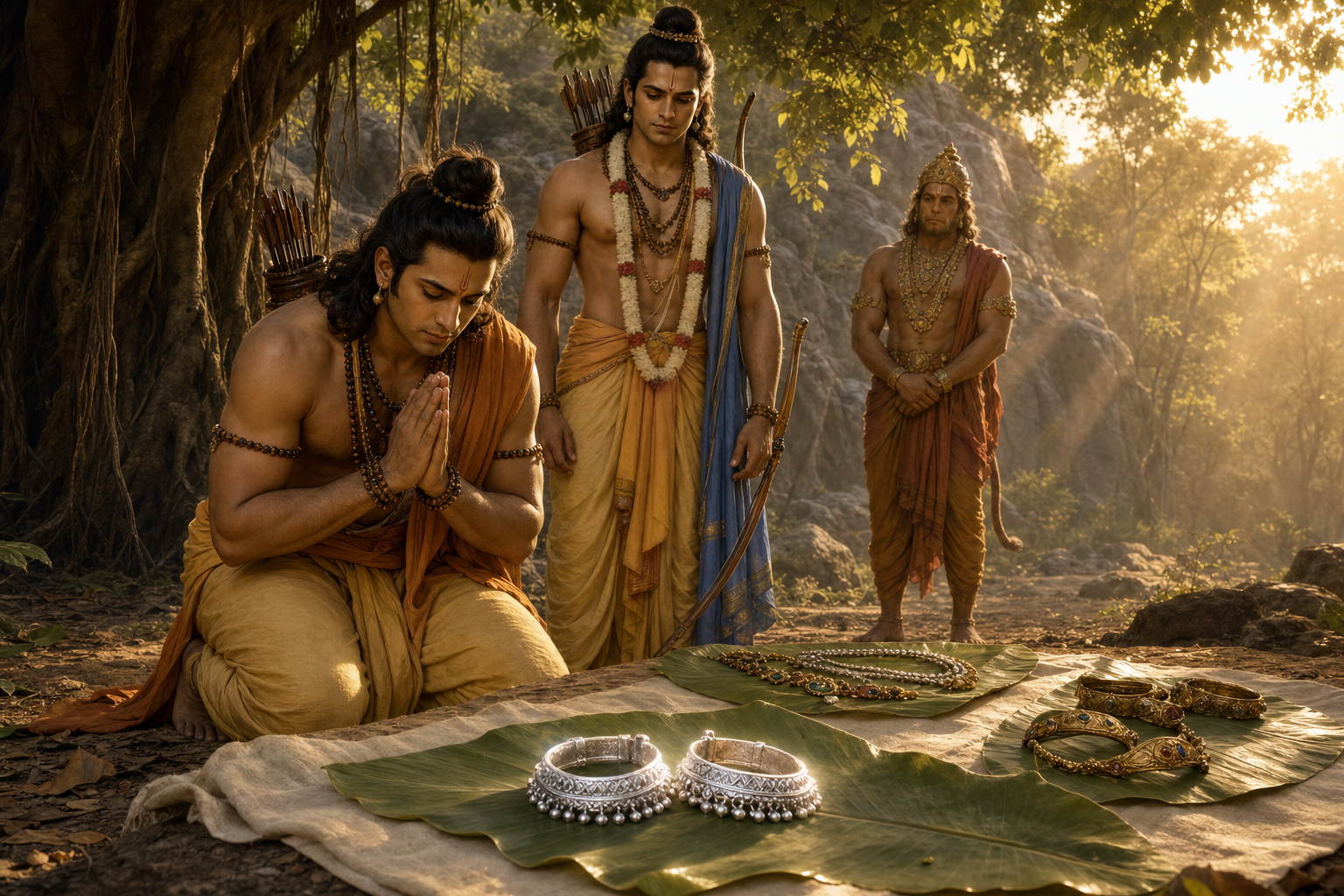 Lakshmana kneels with joined palms before Sita's silver anklets while Rama and Sugriva stand in a forest clearing.