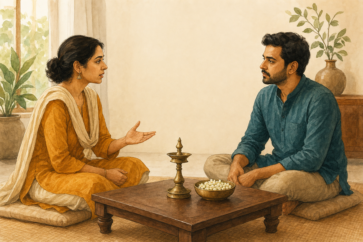 Two adults sit across a low table as one speaks with a calm hand gesture and the other listens attentively.