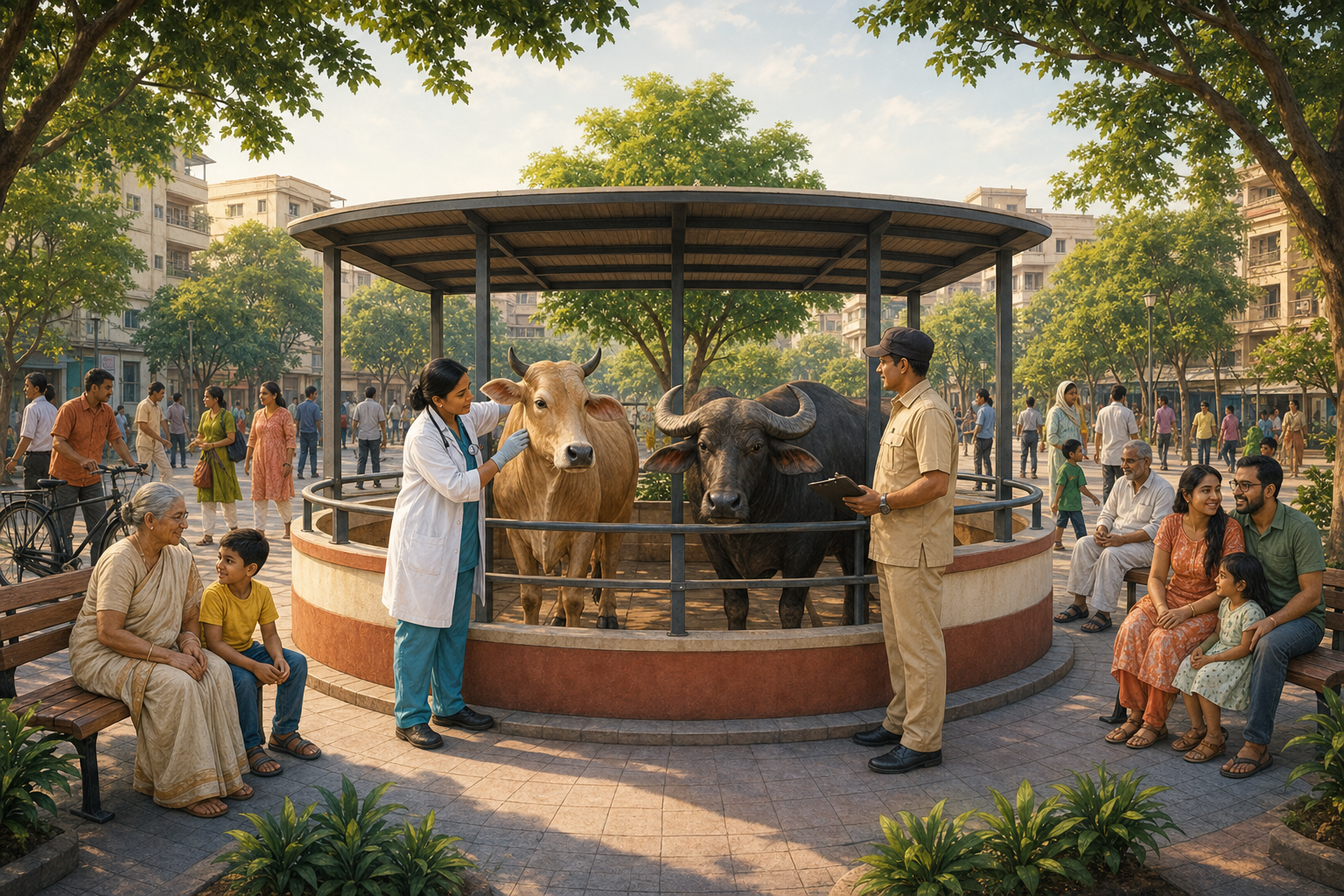 A veterinarian and municipal officer stand beside a calmly housed cow and water buffalo as residents share a peaceful public plaza in the background.