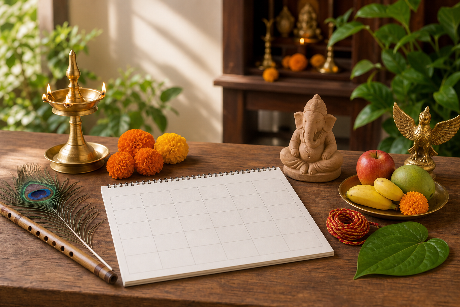 An open blank household calendar sits beside a brass lamp, marigolds, mango leaves, a flute, a peacock feather, a clay Ganesha figure, puja threads, fruit, and a brass Garuda figurine.