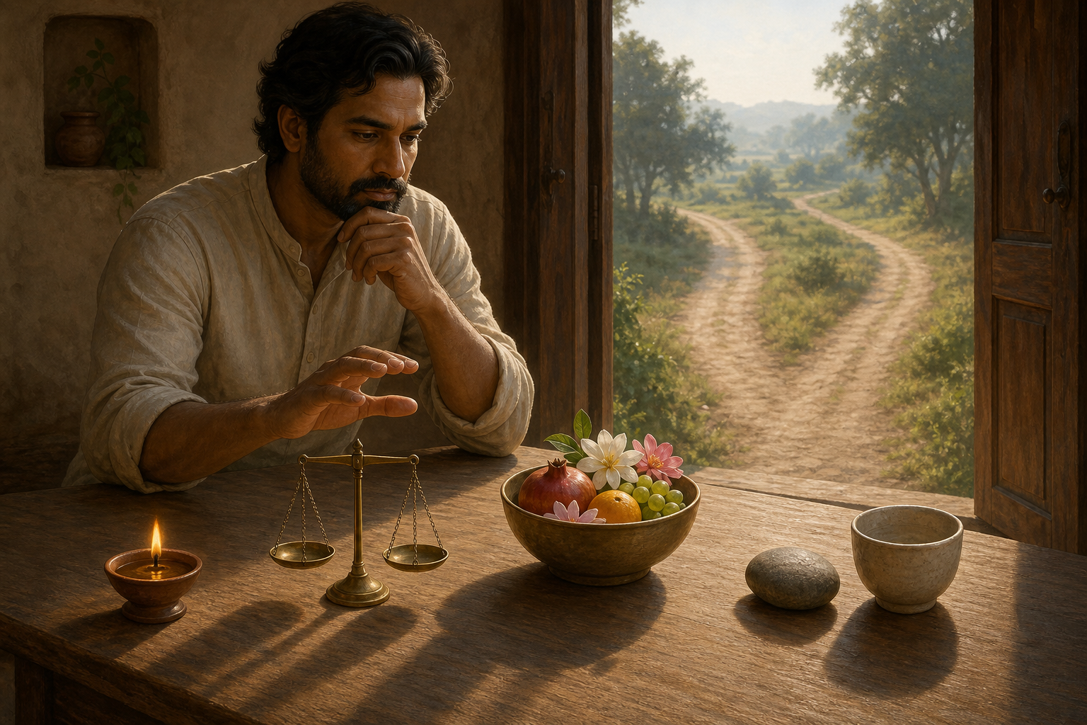 A seated person considers a lamp, brass scales, a bowl of flowers and fruit, and a river stone while two roads are visible through an open doorway.