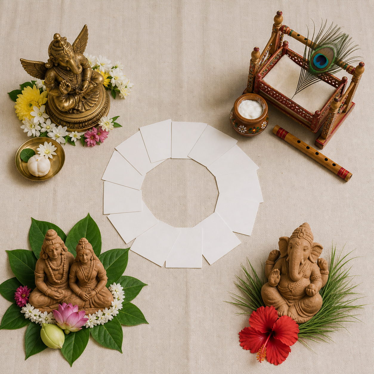 Four separate festival preparations surround blank calendar cards: a brass Garuda figure, a Krishna cradle with flute and peacock feather, clay Shiva and Parvati figures, and a clay Ganesha figure with flowers and grass.