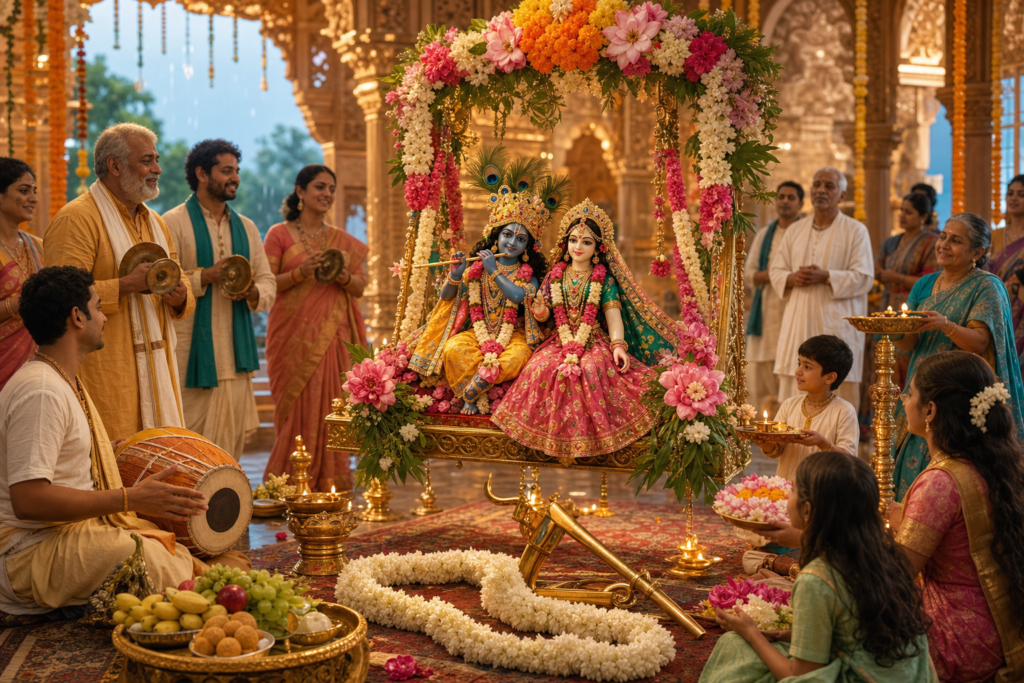 Radha-Krishna murtis on a flower-decorated Jhulan Yatra swing during a Vaishnava temple celebration.