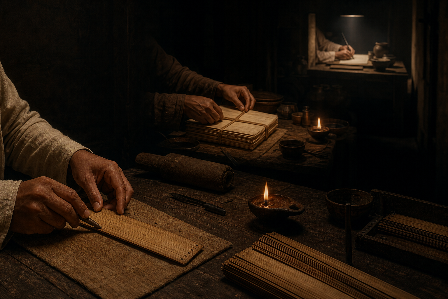 Anonymous scribes at different depths of a dim workshop prepare palm leaves, bind folios, and copy onto handmade paper under separate oil lamps.