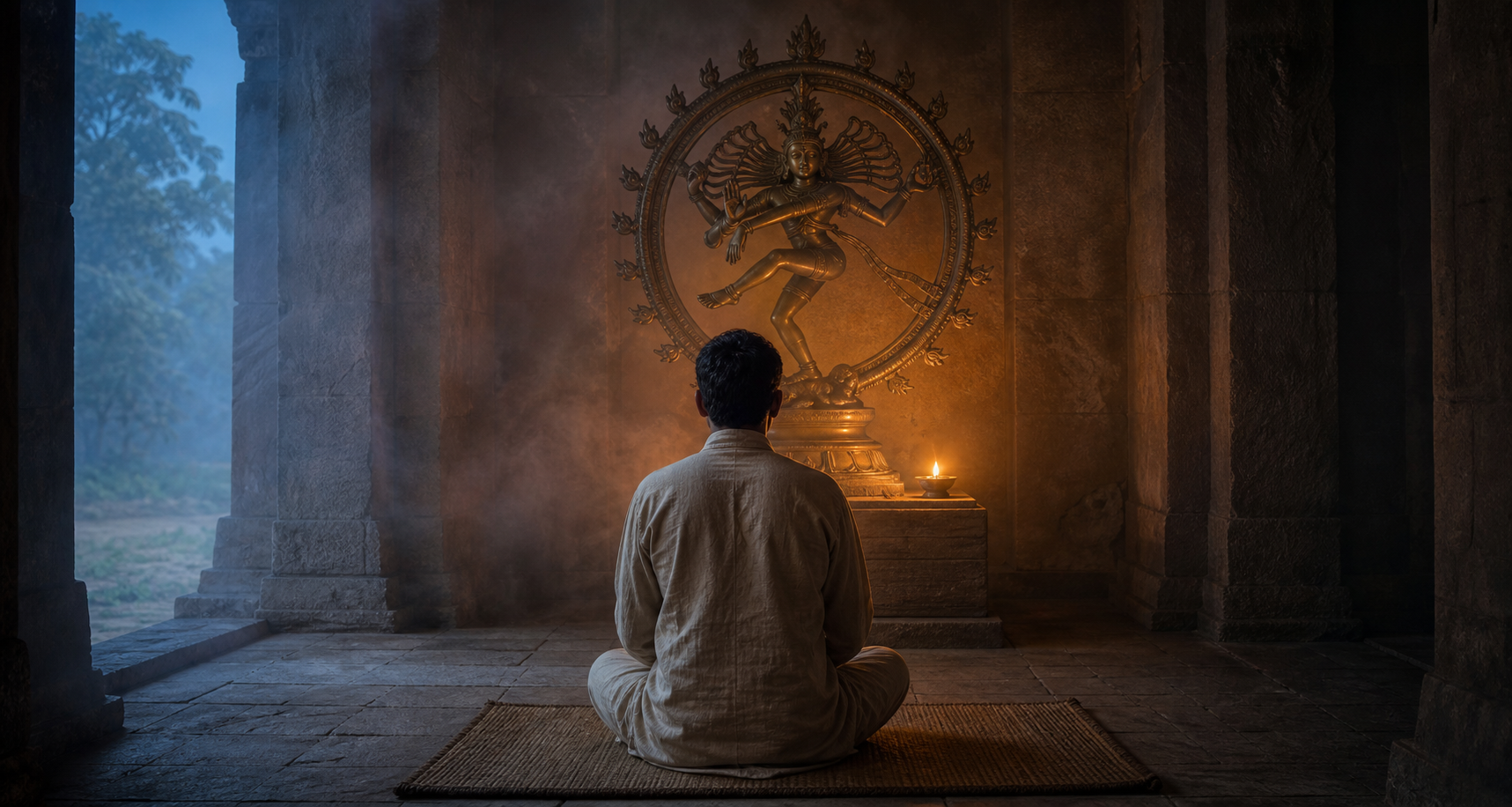 A seated practitioner quietly observes a bronze Shiva Nataraja in a dim stone shrine lit by an oil lamp and early morning light.