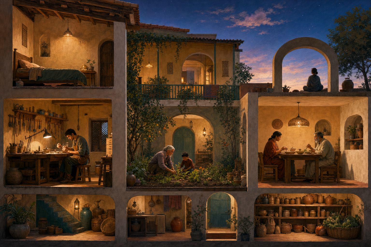 A courtyard home contains an artisan at a workbench, people sharing a meal, an older adult gardening with a child, stored household supplies, and a person sitting quietly beneath an open arch.