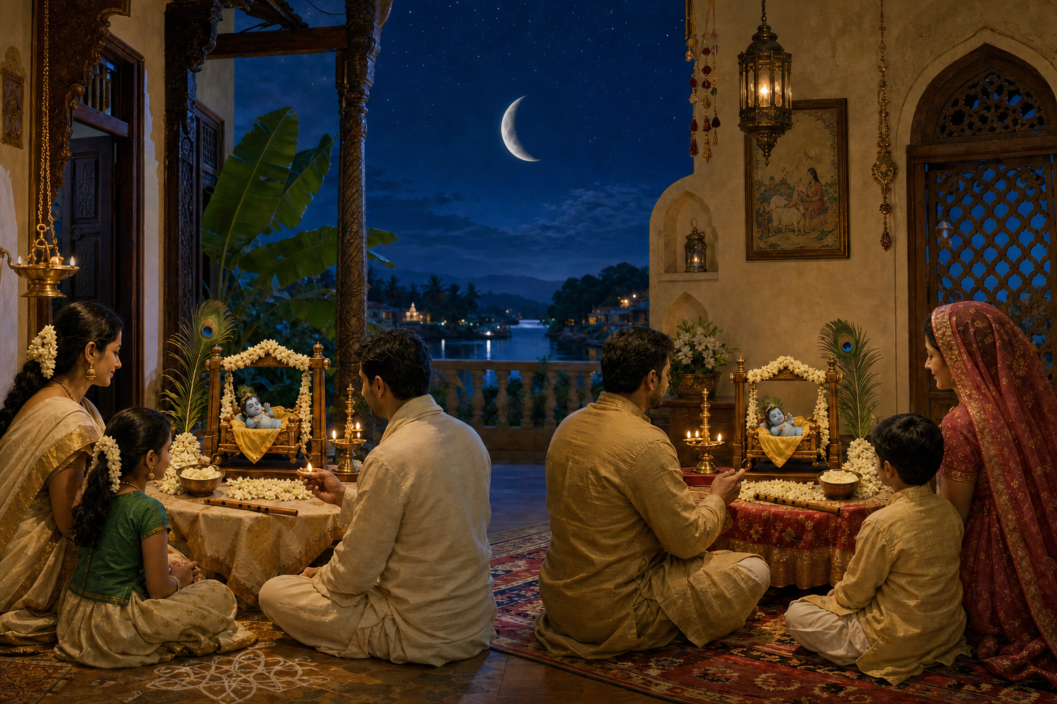 Two regionally styled home shrines display matching Krishna cradles, flutes, peacock feathers, lamps, and offerings beneath one continuous moonlit sky.