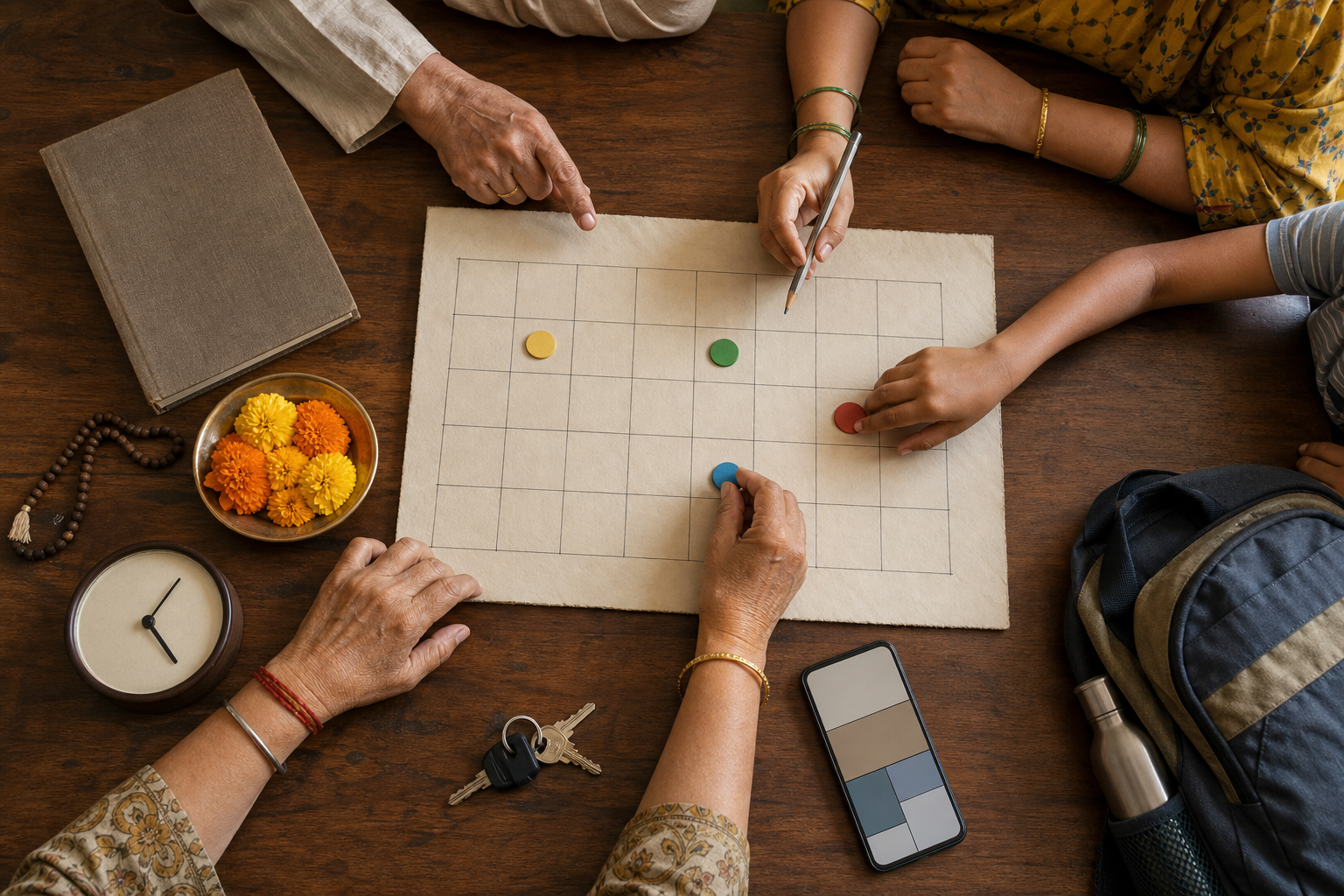 Family members place colored tokens on a blank household planner beside prayer beads, marigolds, a clock, keys, a school bag, a closed book, and a phone.