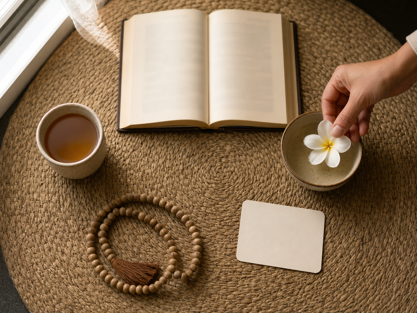 An open sacred book, prayer beads, a blank reflection card, tea, and a flower offering are arranged in a circle on a woven mat.