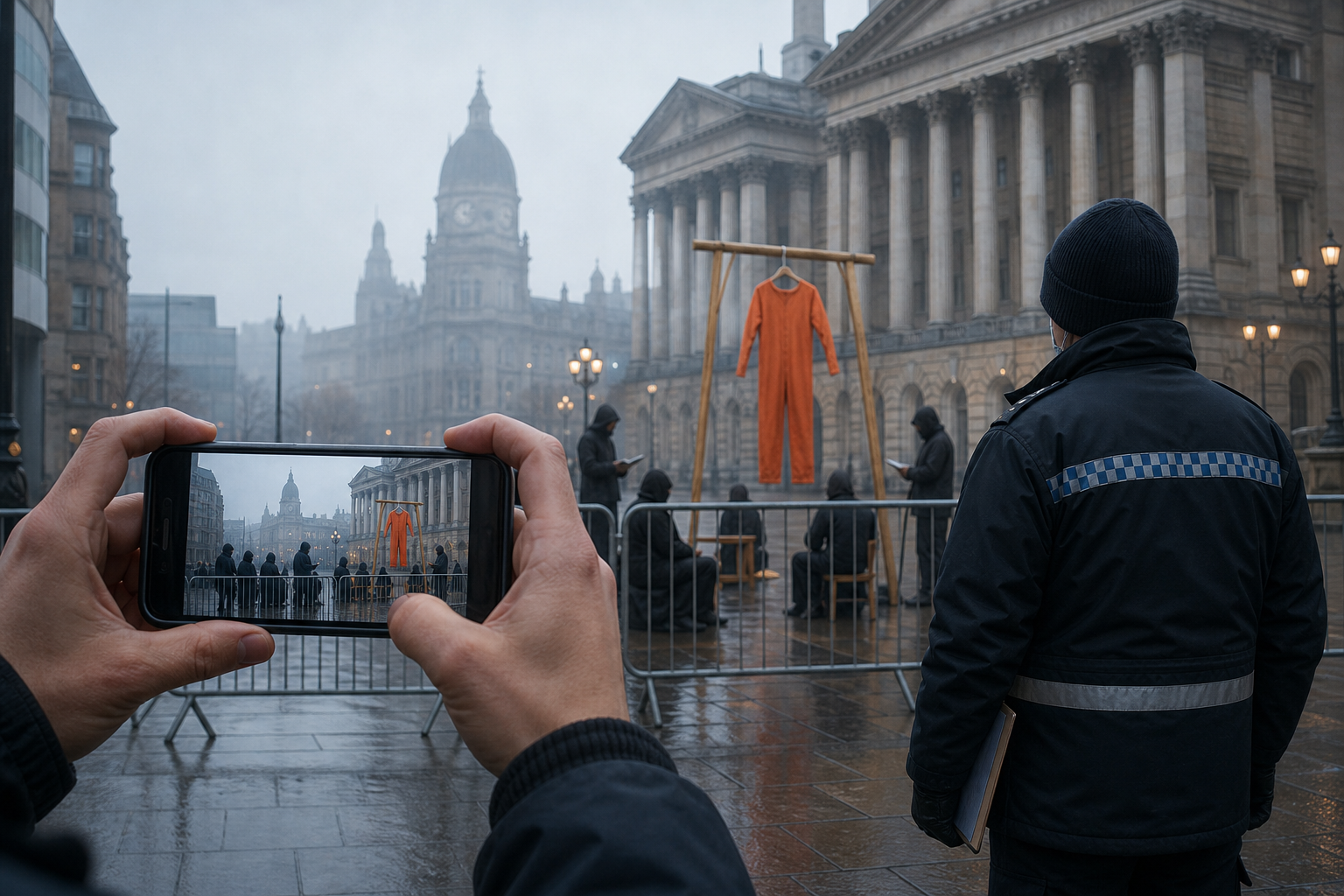 A witness records an anonymous street performance while a police evidence officer observes near civic buildings.
