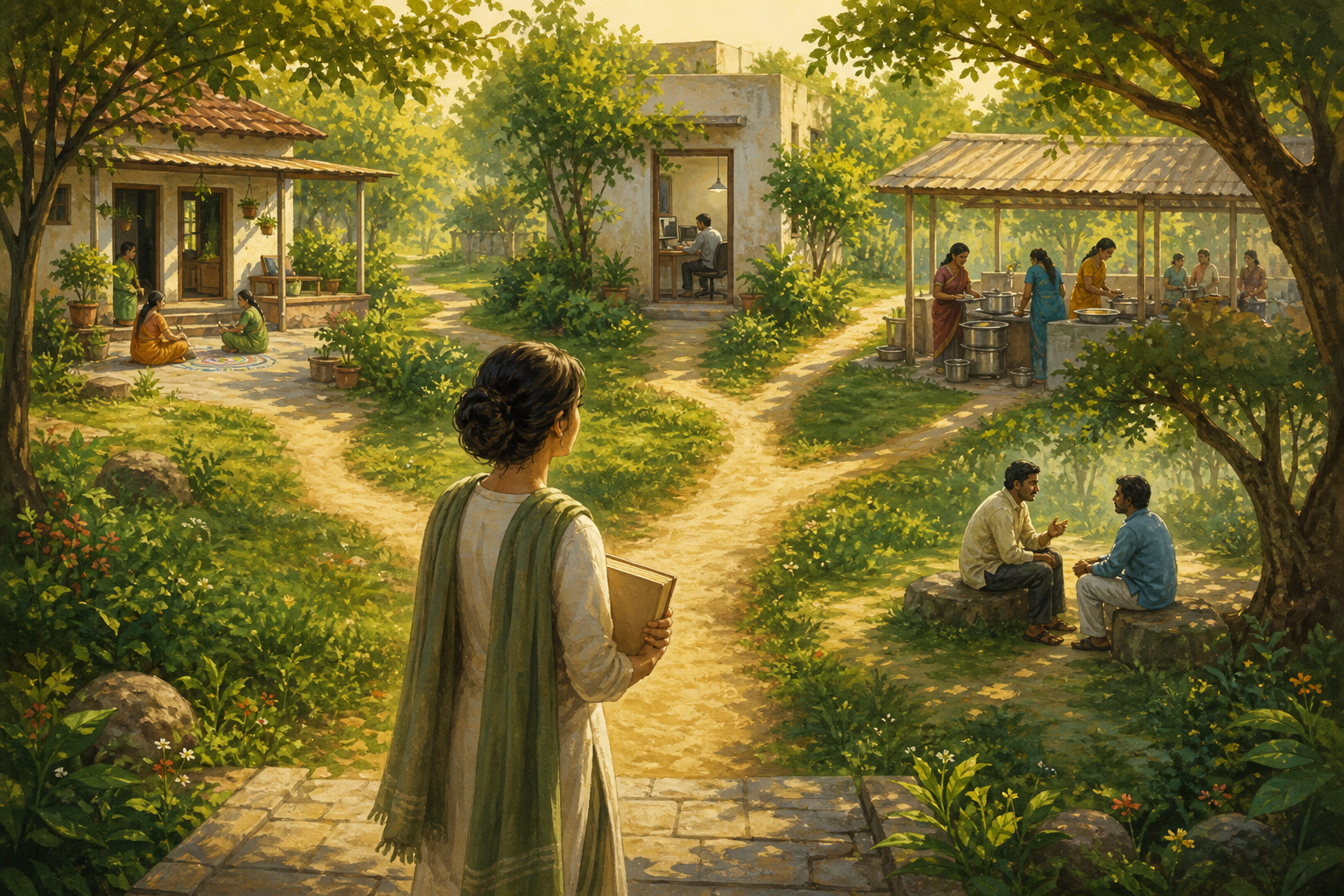 A reader holding an unmarked book looks across branching paths that lead toward a home, workplace, community kitchen, and conversation beneath a tree.