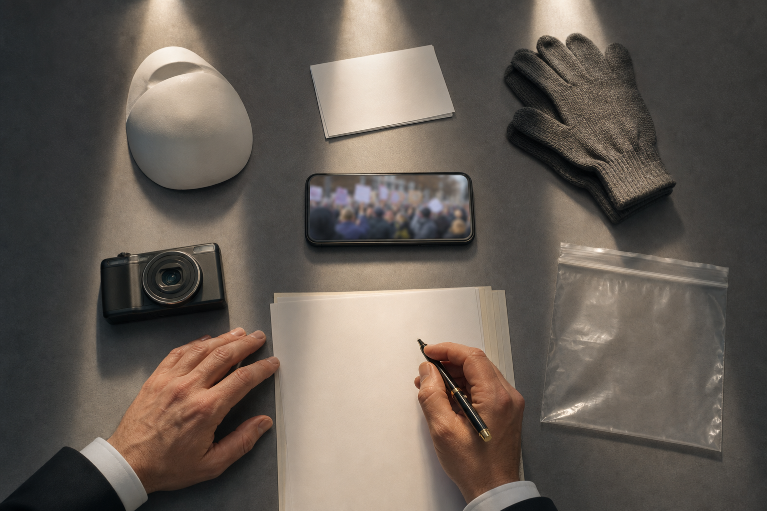 Five evidence items surround a smartphone on a legal casework table as a professional reviews blank documents.
