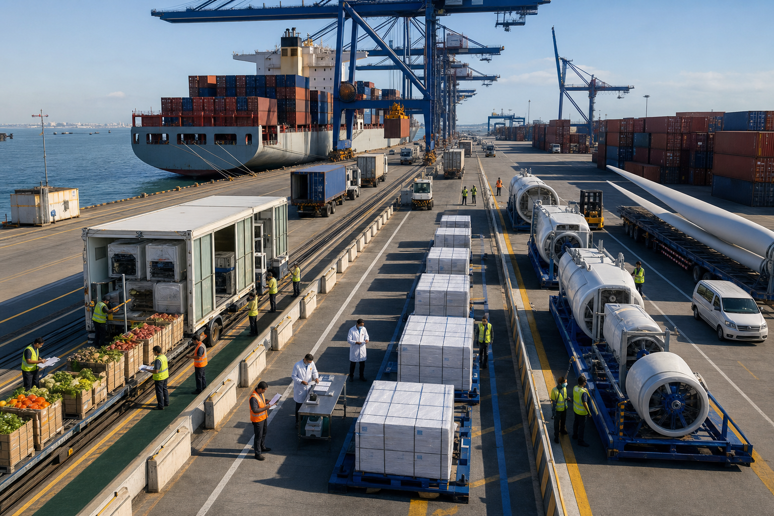 Port workers handle containers, refrigerated produce, pharmaceutical freight and clean-energy equipment at a modern trade terminal.
