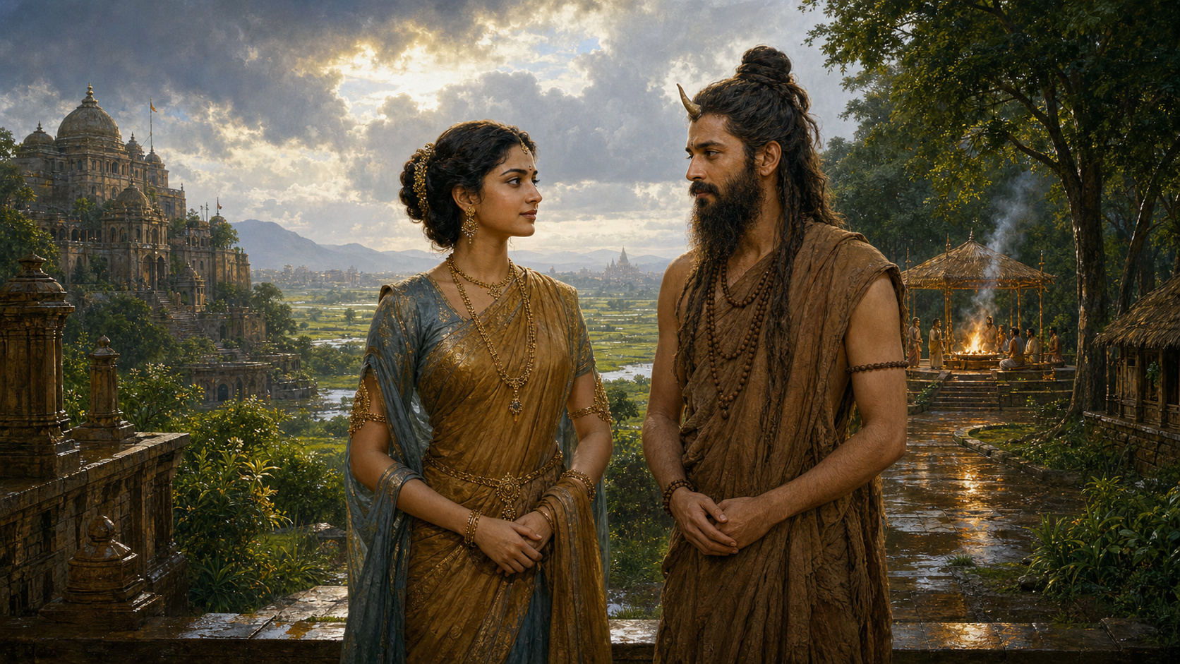 Shantadevi and the sage Rishyasringa stand between a rain-washed royal landscape, a forest hermitage, and a distant ritual pavilion.