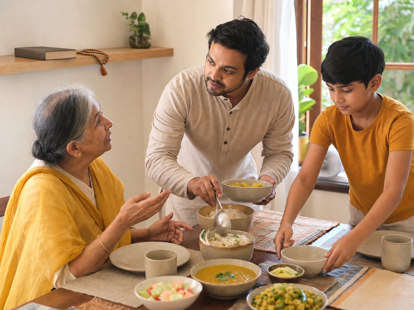 An adult serves a meal and listens to an older family member while a child helps set the table; a closed sacred book and prayer beads rest on a shelf.