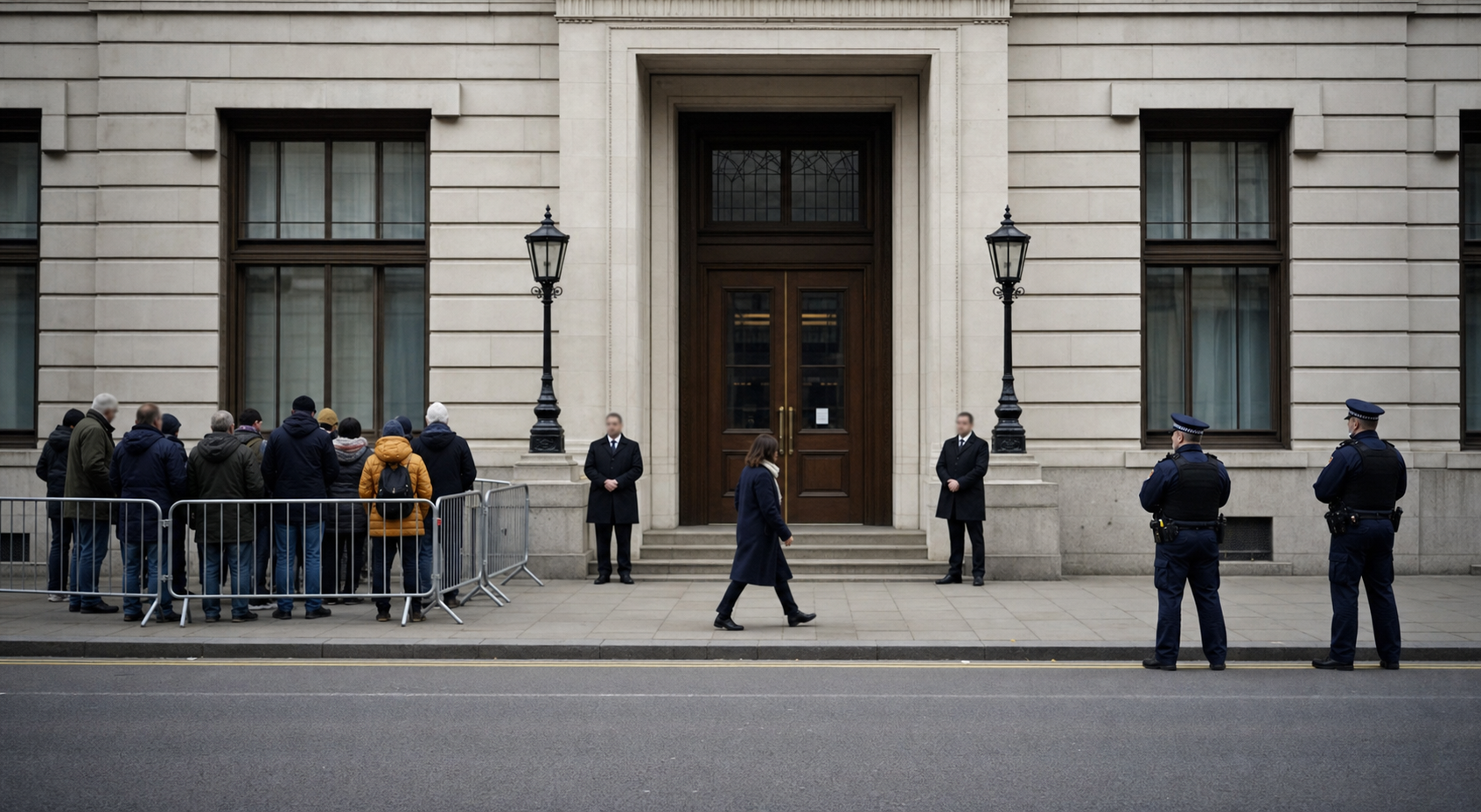 Police and security staff maintain an open entrance beside a small peaceful demonstration outside an unmarked diplomatic building.