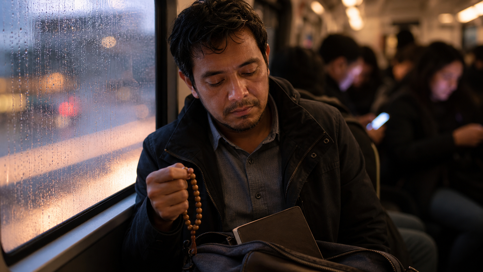 A weary commuter pauses with wooden prayer beads beside a rain-streaked window while an unmarked sacred book rests in an open work bag.