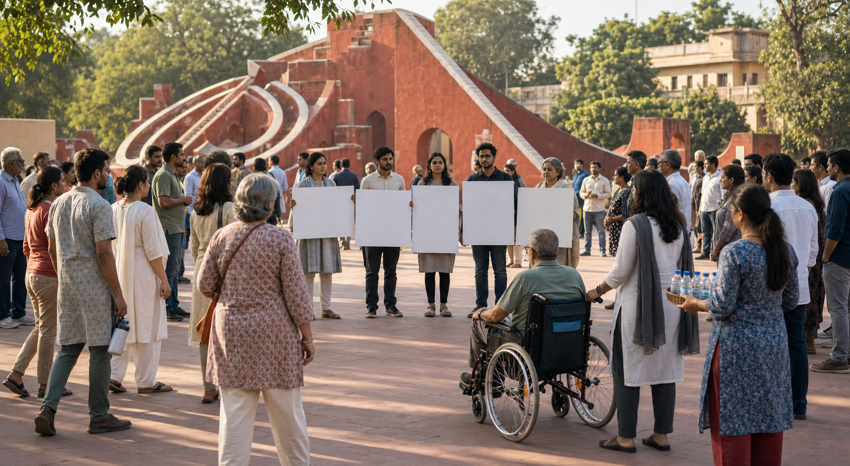 A peaceful crowd gathers around protesters holding blank placards near the historic observatory structures at Jantar Mantar in New Delhi.