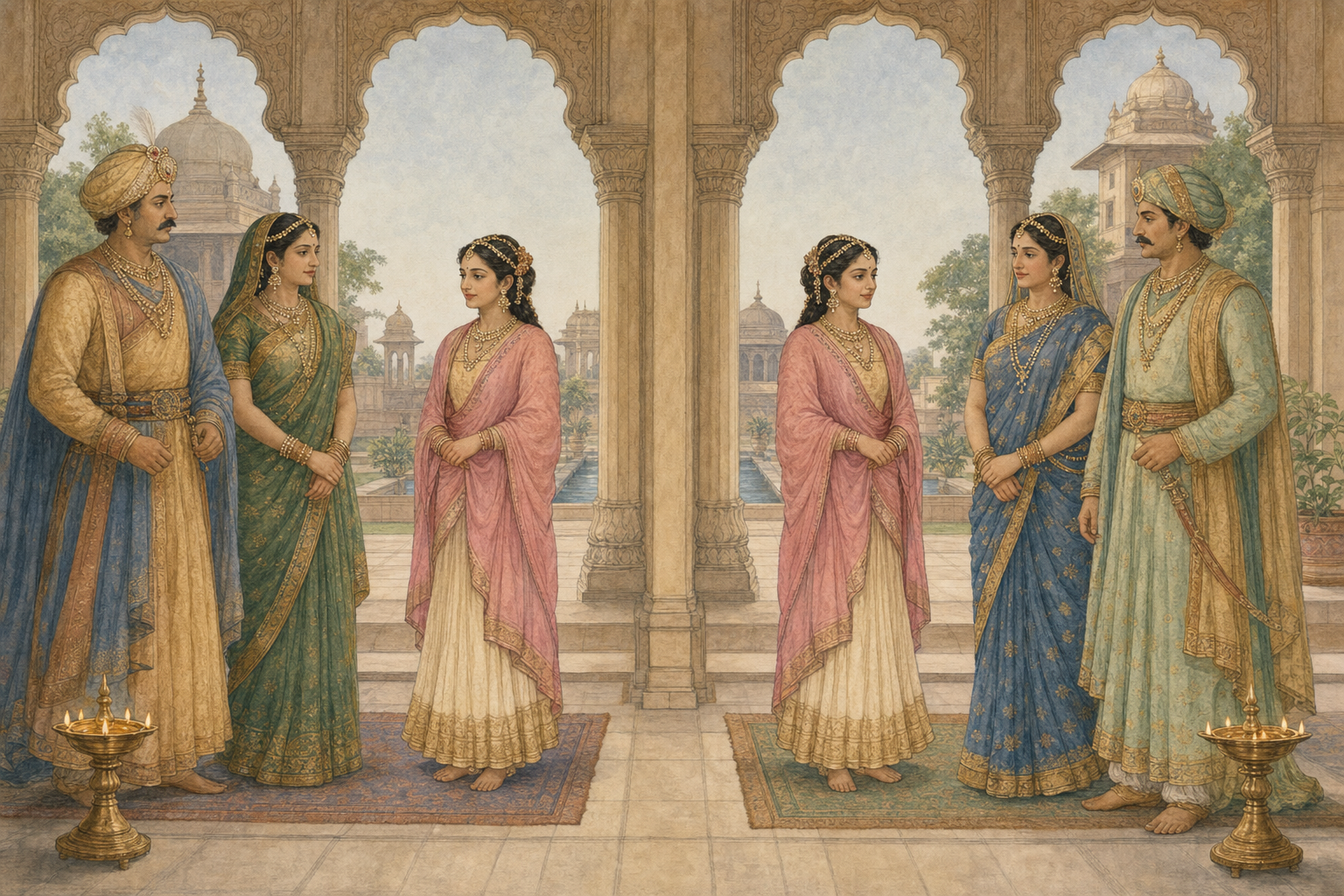 Two balanced palace scenes show Shantadevi with different royal couples, representing variant accounts of her parentage.