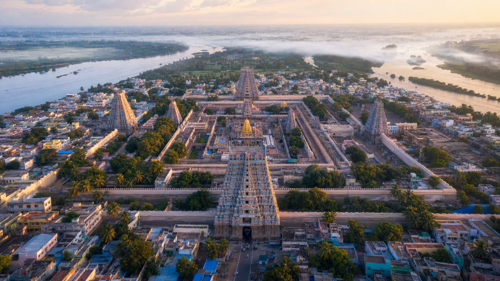 Elevated dawn view of the Srirangam temple complex, with concentric enclosures and gopurams on the island between two river channels.