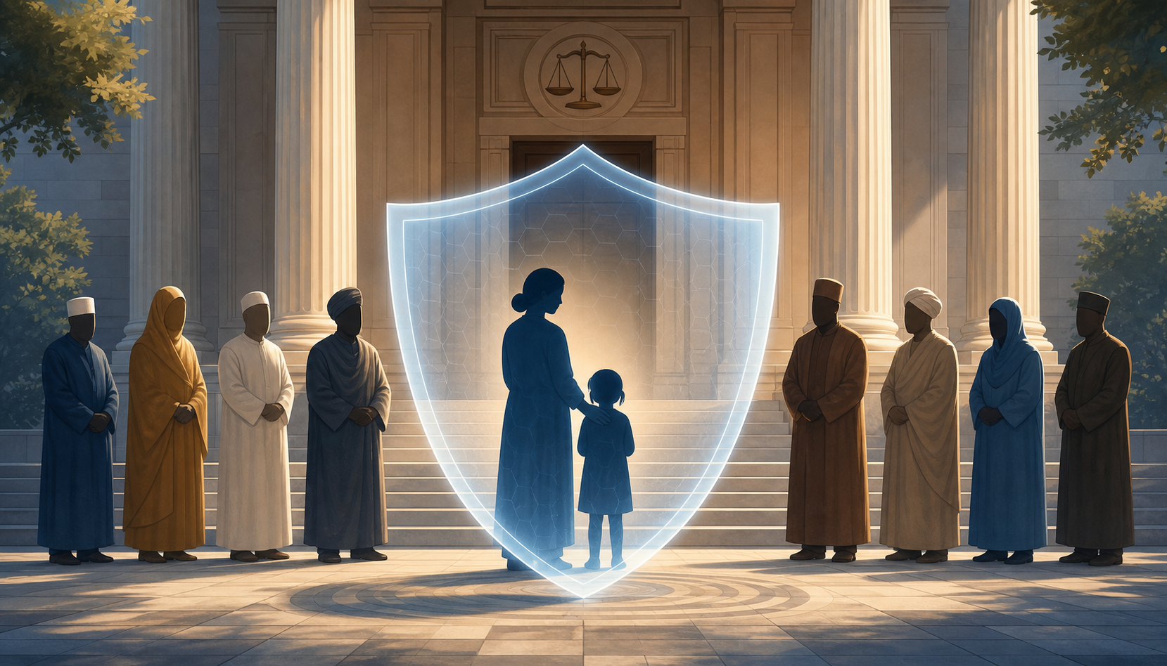 A protective shield surrounds a child and caregiver before a courthouse, while anonymous religious figures stand equally outside it.