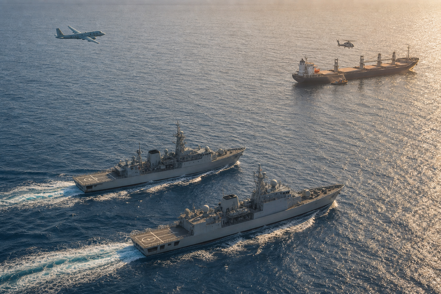 Two maritime patrol ships, a surveillance aircraft and a rescue helicopter conduct a coordinated operation near a merchant vessel.