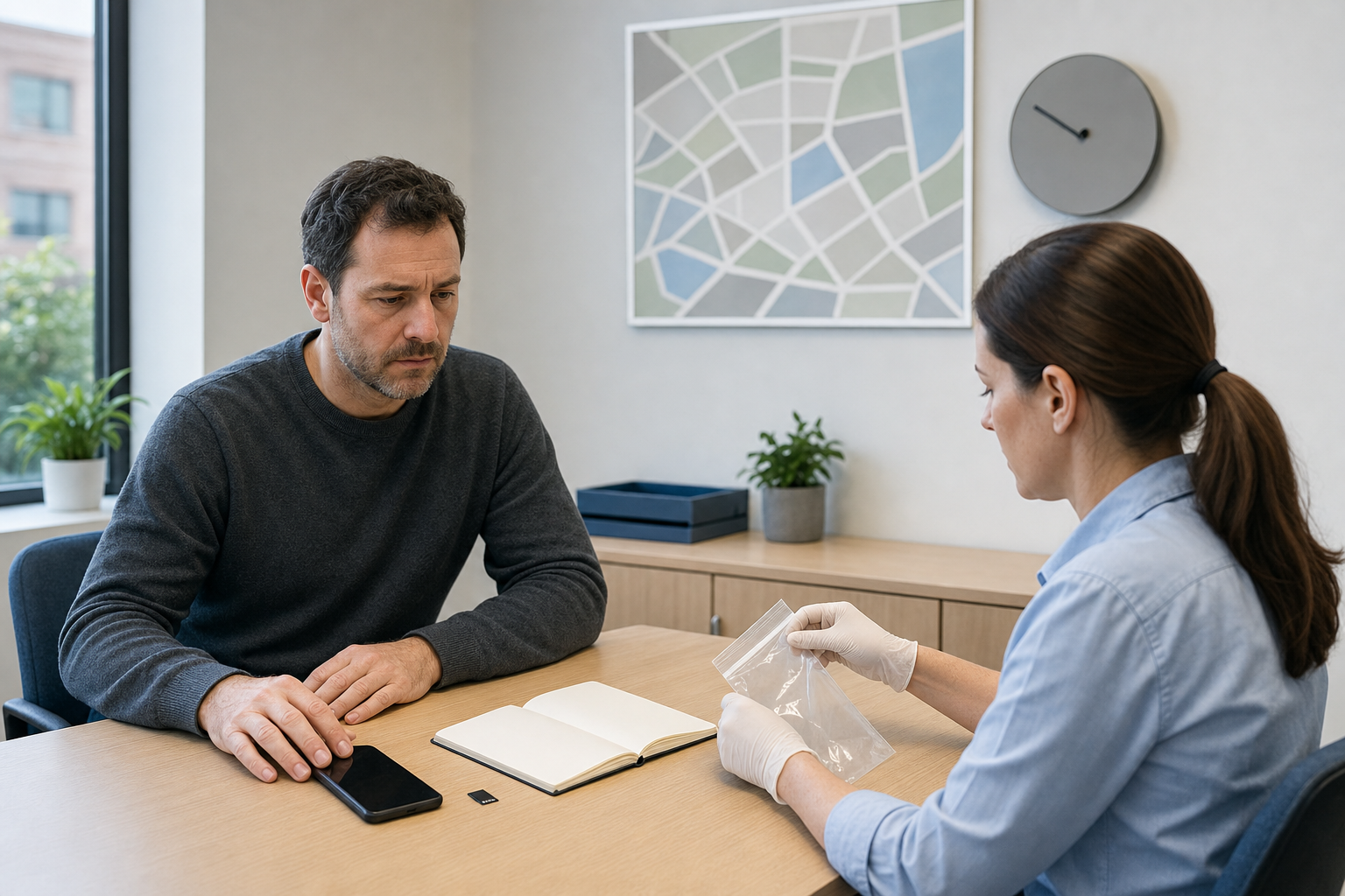 A person gives a smartphone and memory card to an evidence officer in a quiet public-contact room.