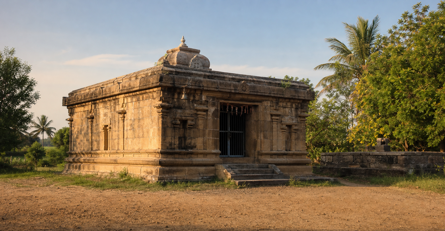 The compact stone shrine of Rudra Koteeswarar Temple stands among greenery in Keezha Kadambur in the morning light.