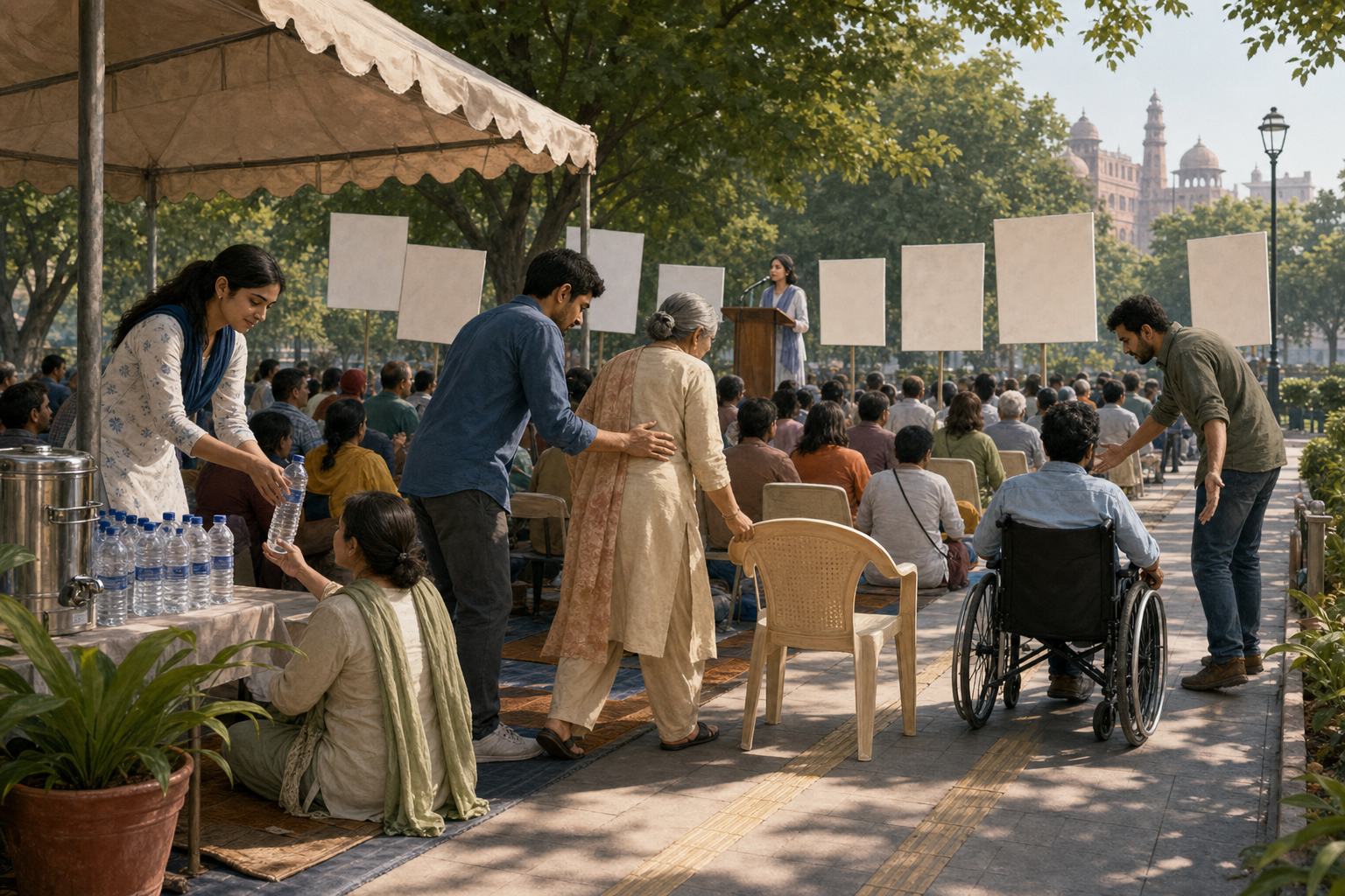Volunteers provide water, seating, shade, and an accessible path for attendees at a peaceful outdoor gathering in Delhi.