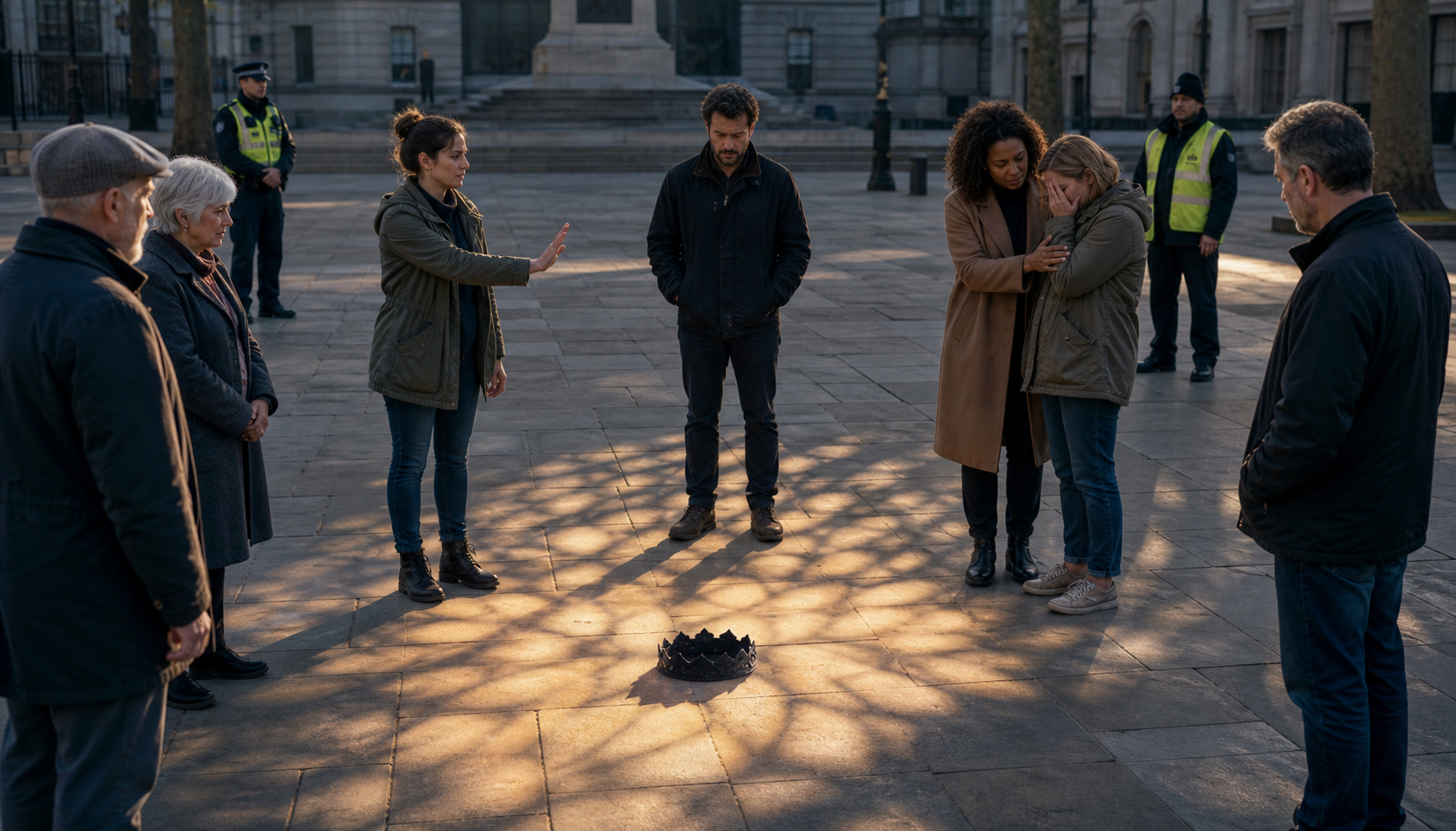 A diverse group responds calmly in a public square, combining a firm boundary gesture with support for a distressed bystander.