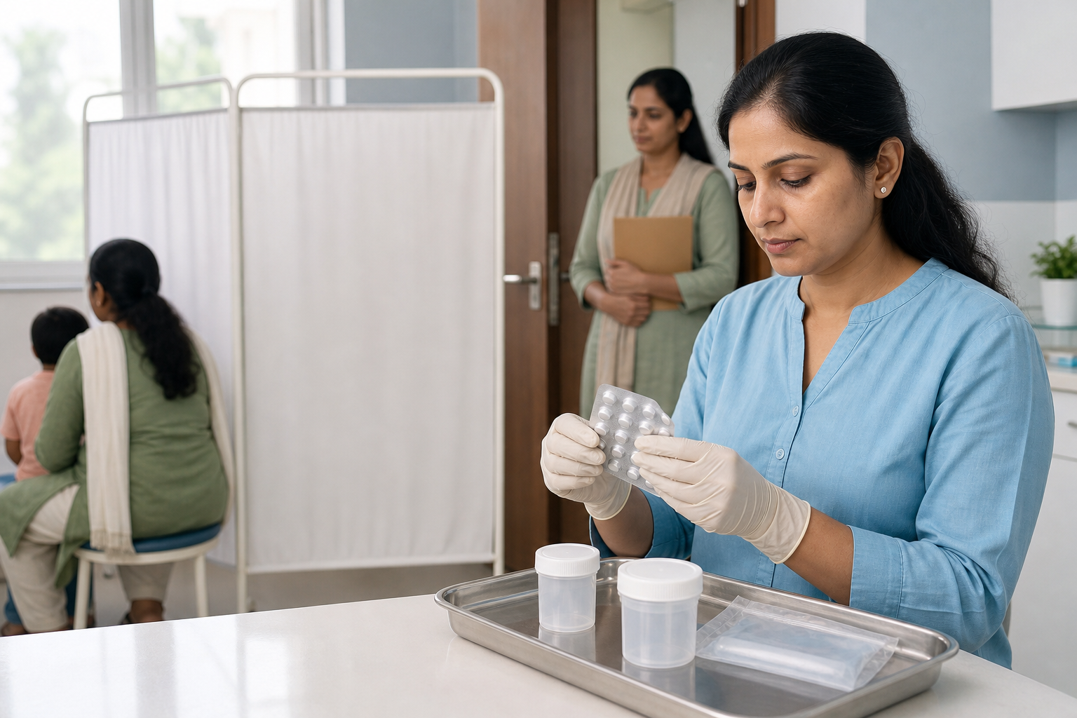 A pediatric clinician examines an unmarked medicine pack in a private room while a child and caregiver remain behind a privacy screen.