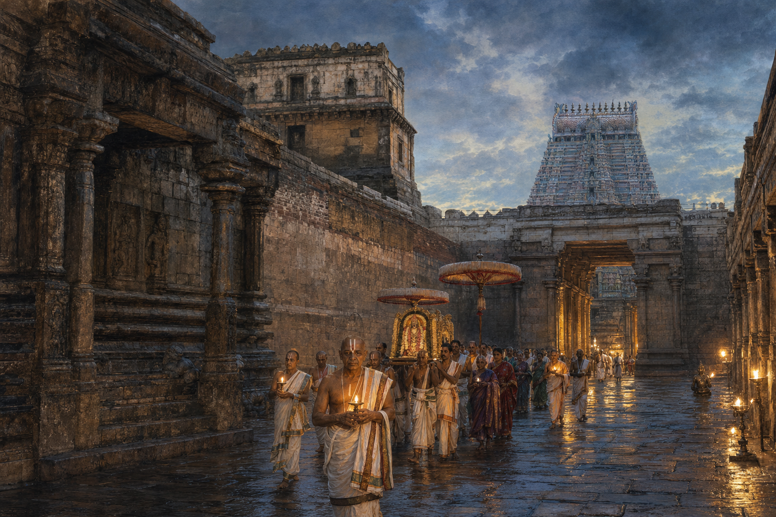 A lamp-lit procession passes through weathered and repaired stone architecture at Srirangam beneath temple towers from different building periods.