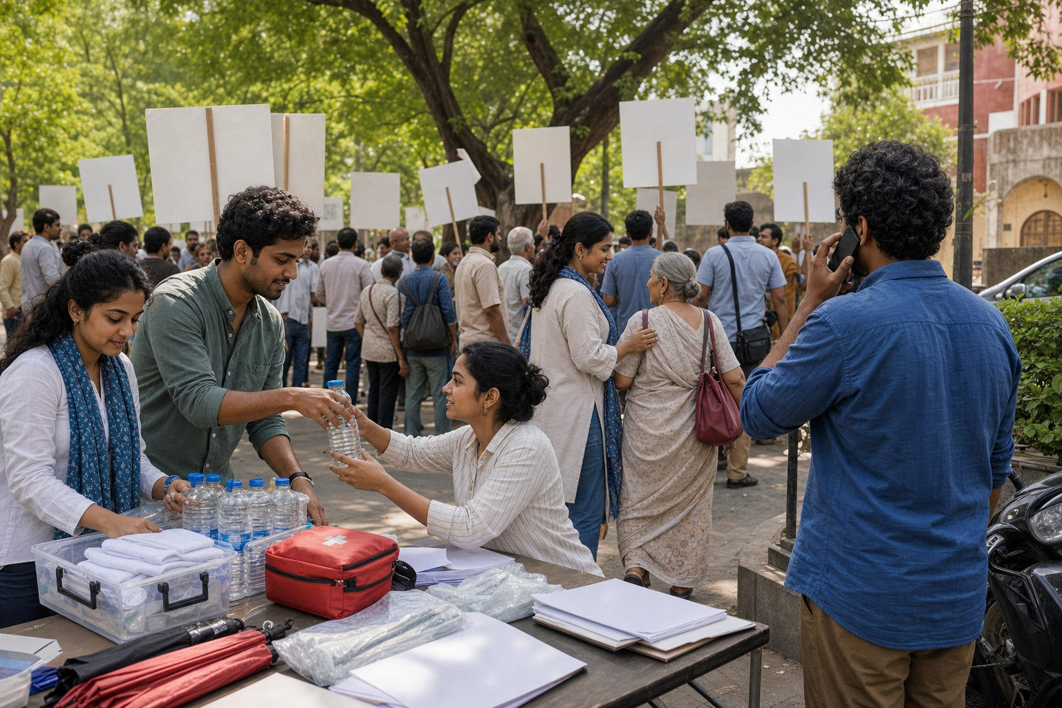 Volunteers coordinate supplies, arrivals, accessibility, and practical support around a peaceful public gathering.