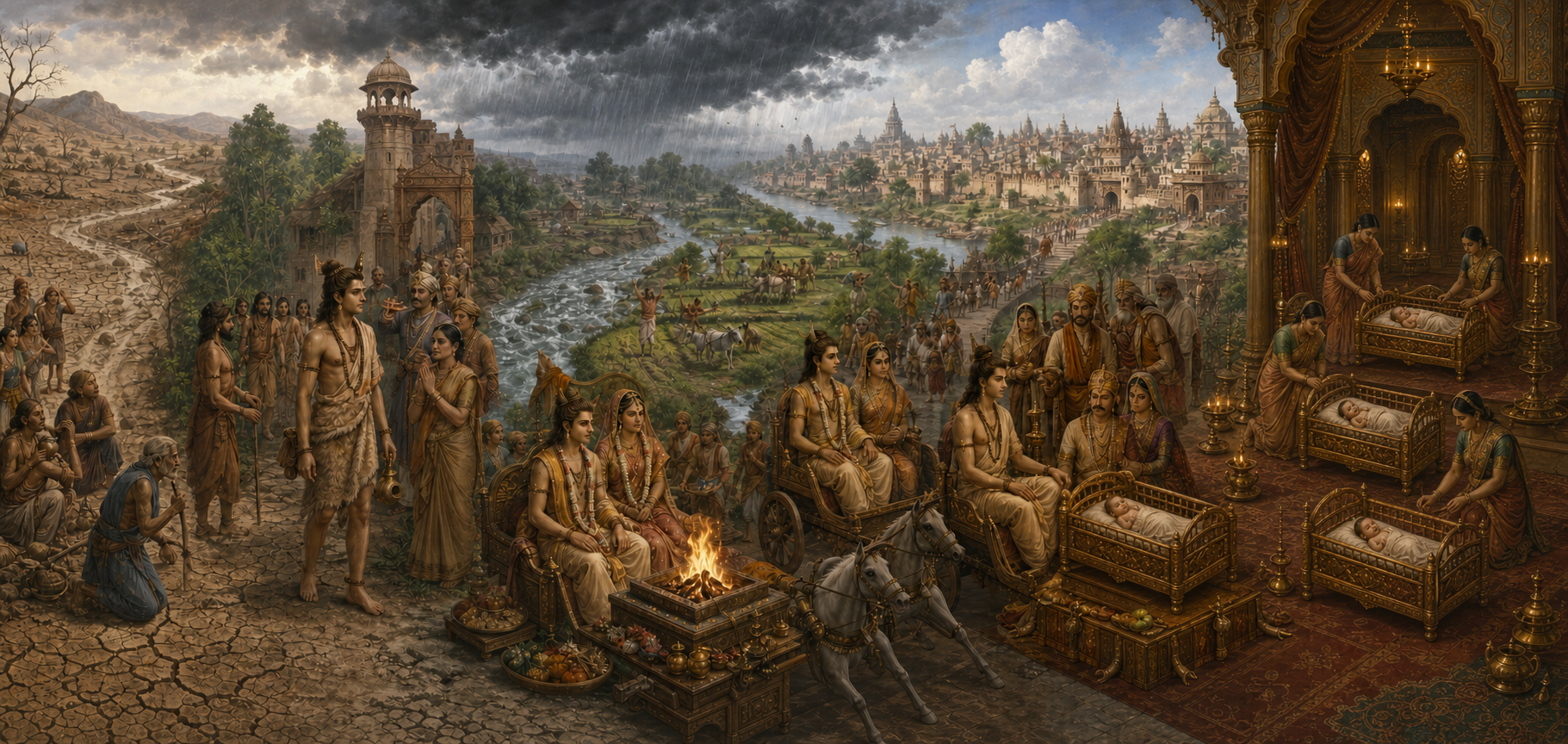 A continuous panorama moves from drought in Anga through Rishyasringa's arrival, rainfall, his marriage to Shantadevi, the Ayodhya fire ritual, and four royal cradles.