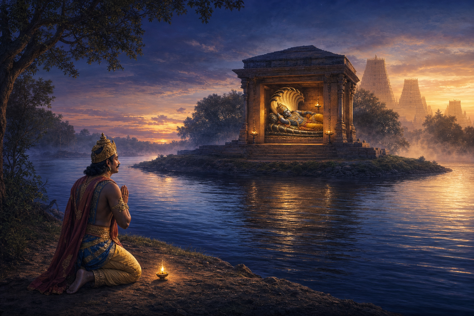 Vibhishana kneels on the southern bank of the Kaveri facing a shrine where Ranganatha reclines with His face oriented southward.