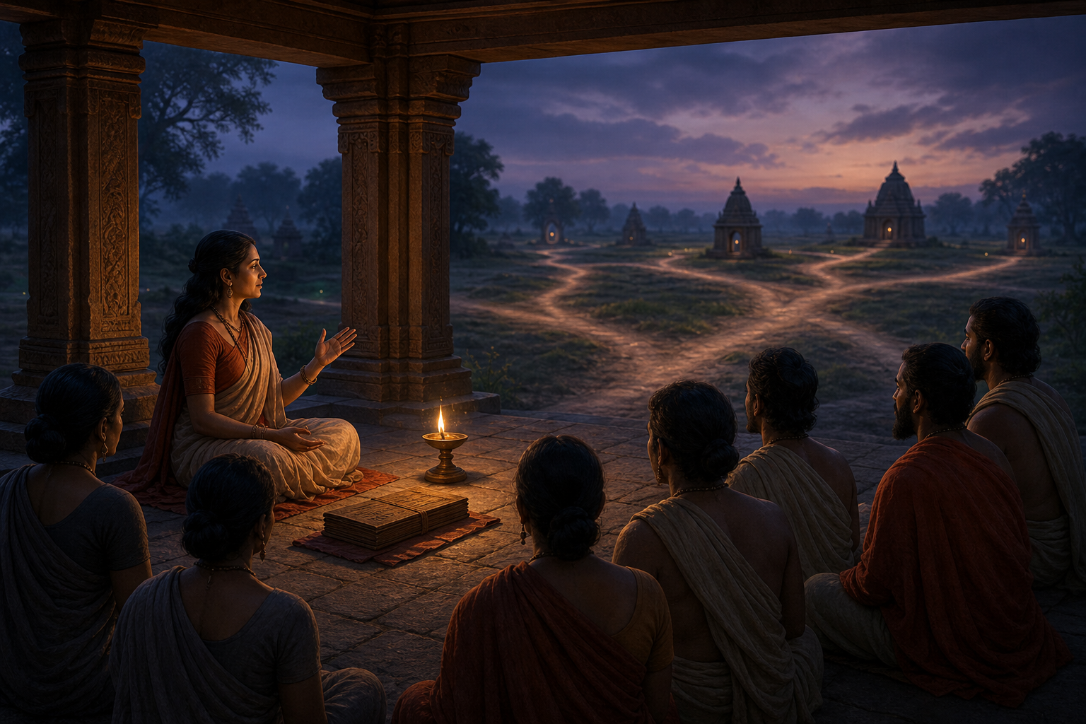 A female teacher sits beneath a stone pavilion with listeners, a closed palm-leaf manuscript and bronze lamp before them, while paths lead toward distant shrines.