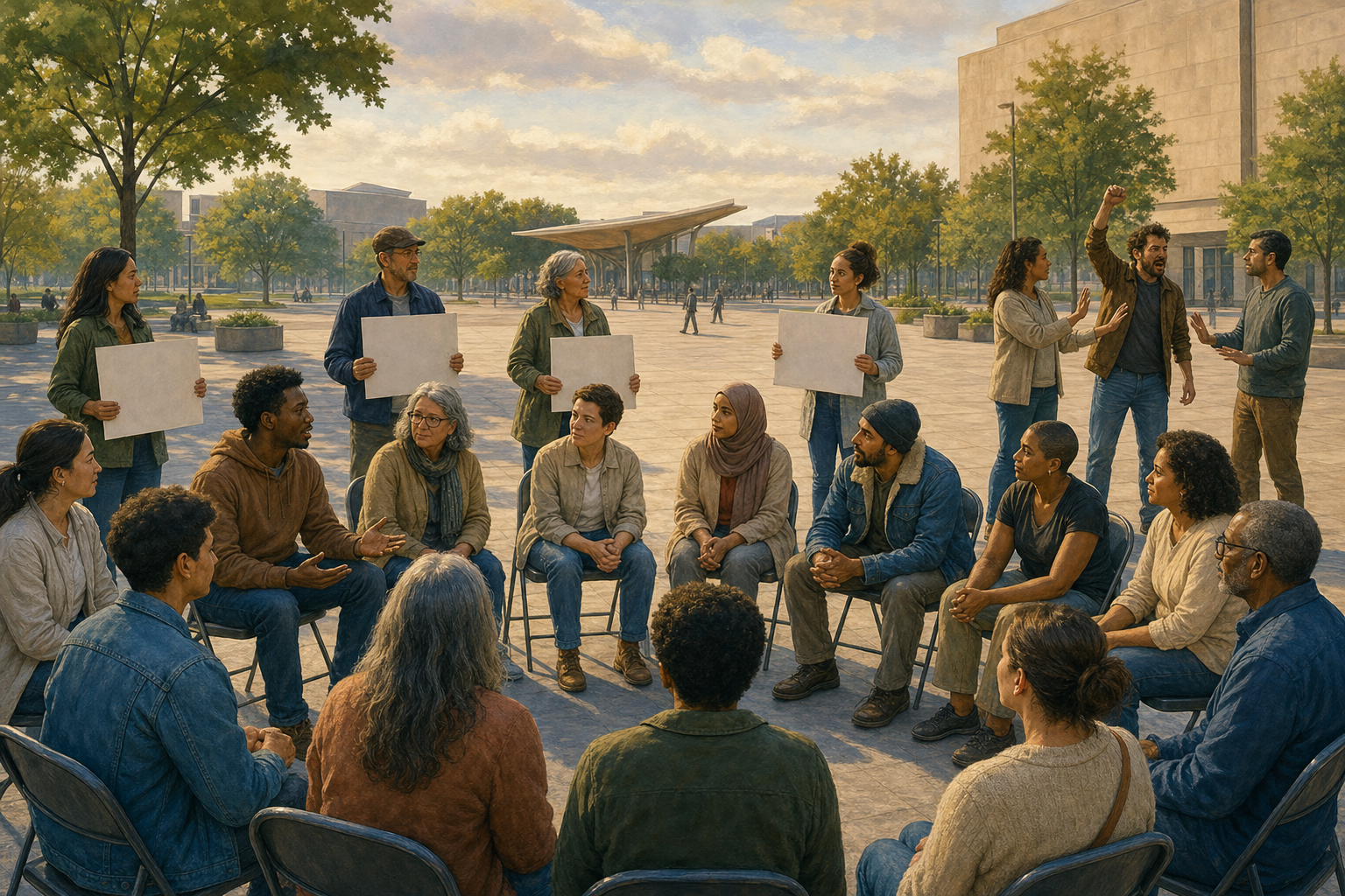 Peaceful participants listen in a circle while volunteers calmly de-escalate an agitated attendee at the edge of the gathering.