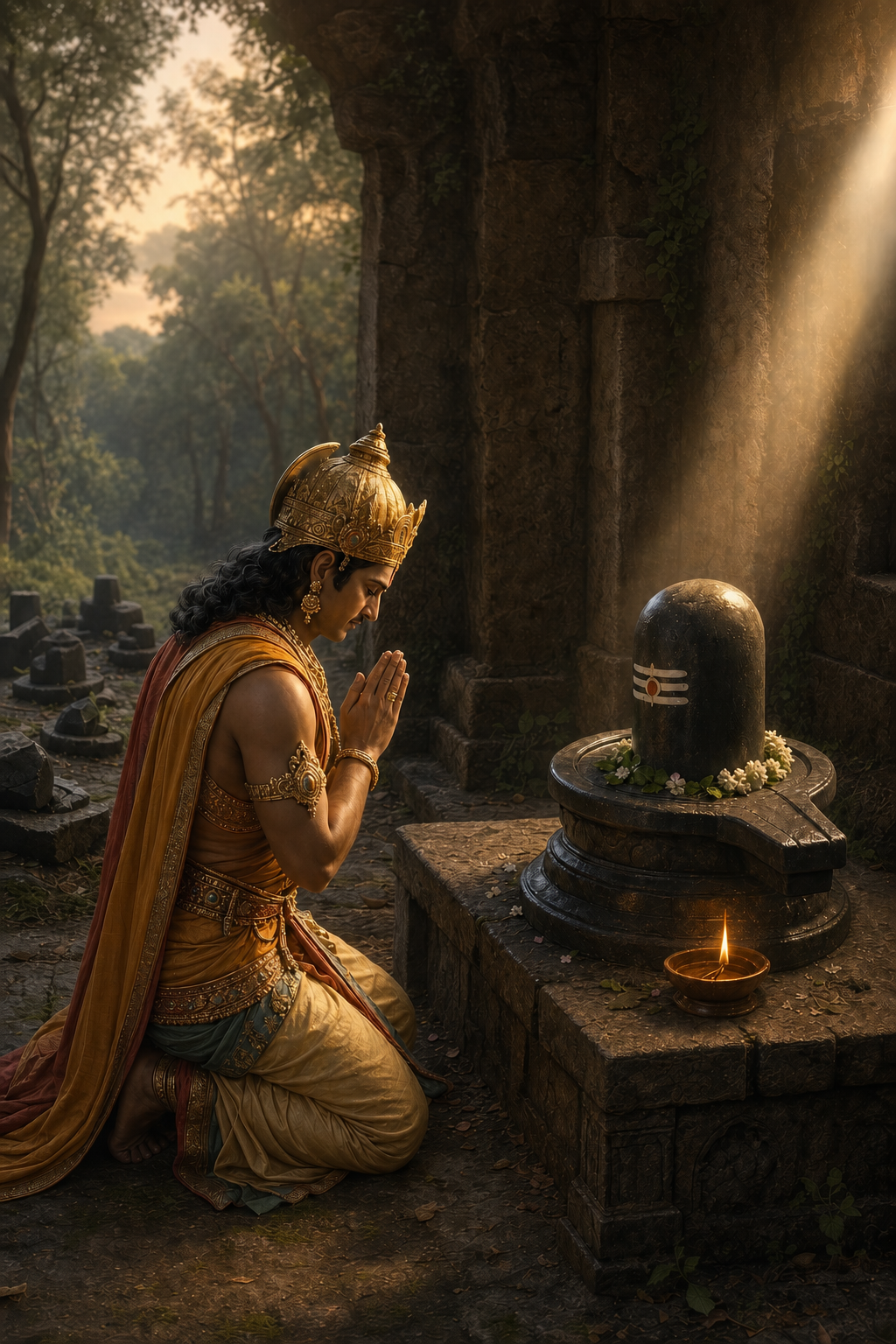 Indra kneels with joined hands before a Shiva linga while a few incomplete linga forms lie behind him in a quiet shrine.
