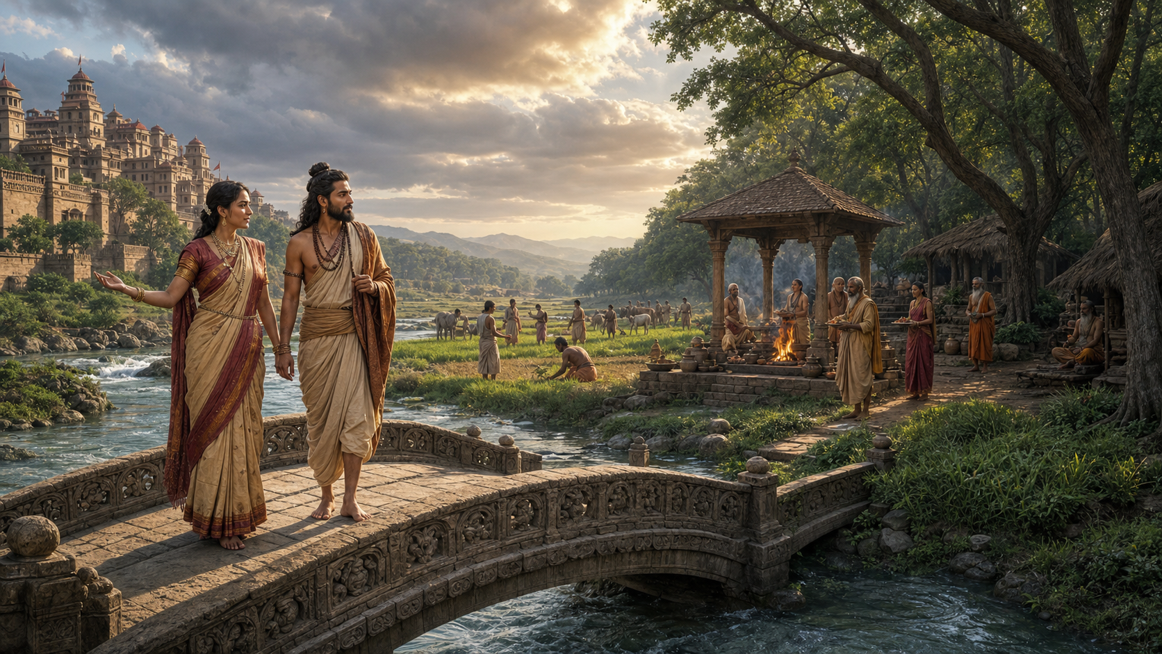 Shantadevi and Rishyasringa cross a bridge between a royal city and a forest hermitage while villagers work in rain-restored fields below.