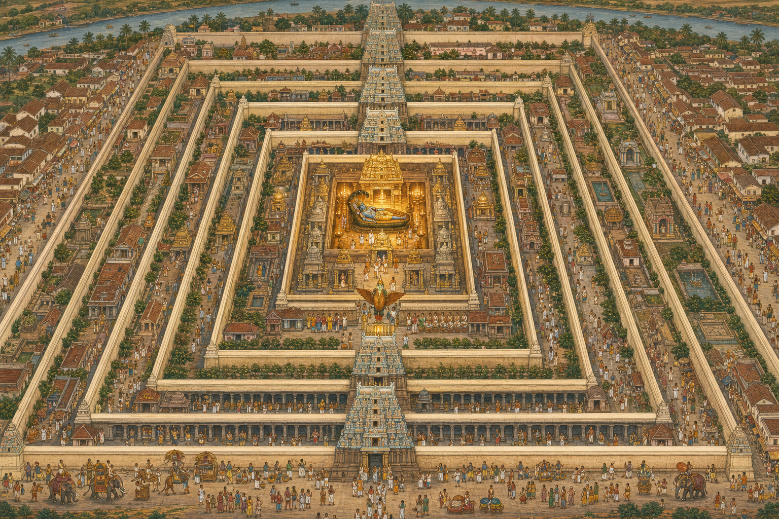 Cutaway illustration of seven concentric temple enclosures surrounding Srirangam's central sanctum, with shrines, worshipers, processions, and inhabited outer streets.