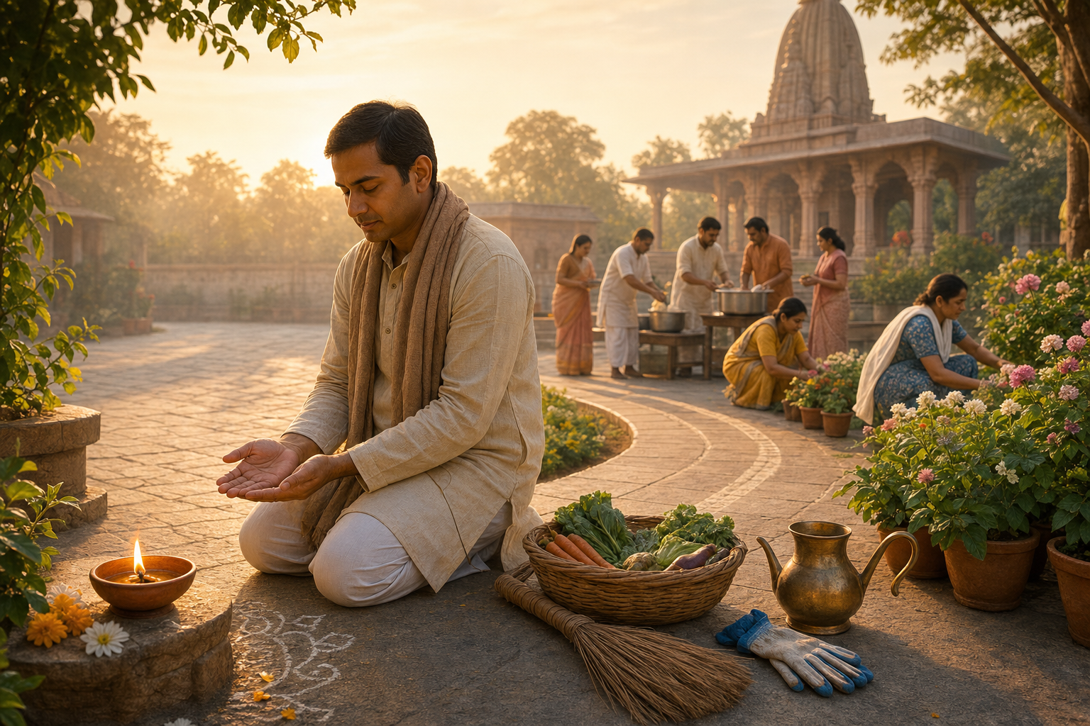A devotee pauses beside a glowing oil lamp while volunteers prepare food and tend plants in a temple courtyard at dawn.