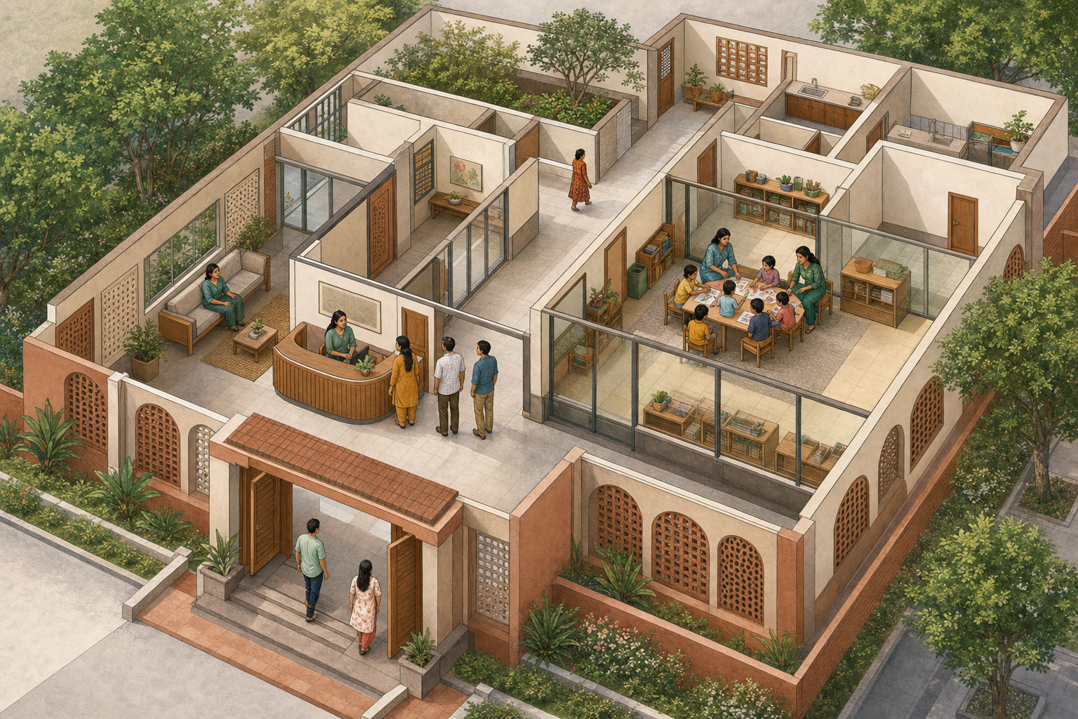A cutaway view of a community building shows staffed entry control, observable activity rooms, two-adult supervision, and clear interior sightlines.