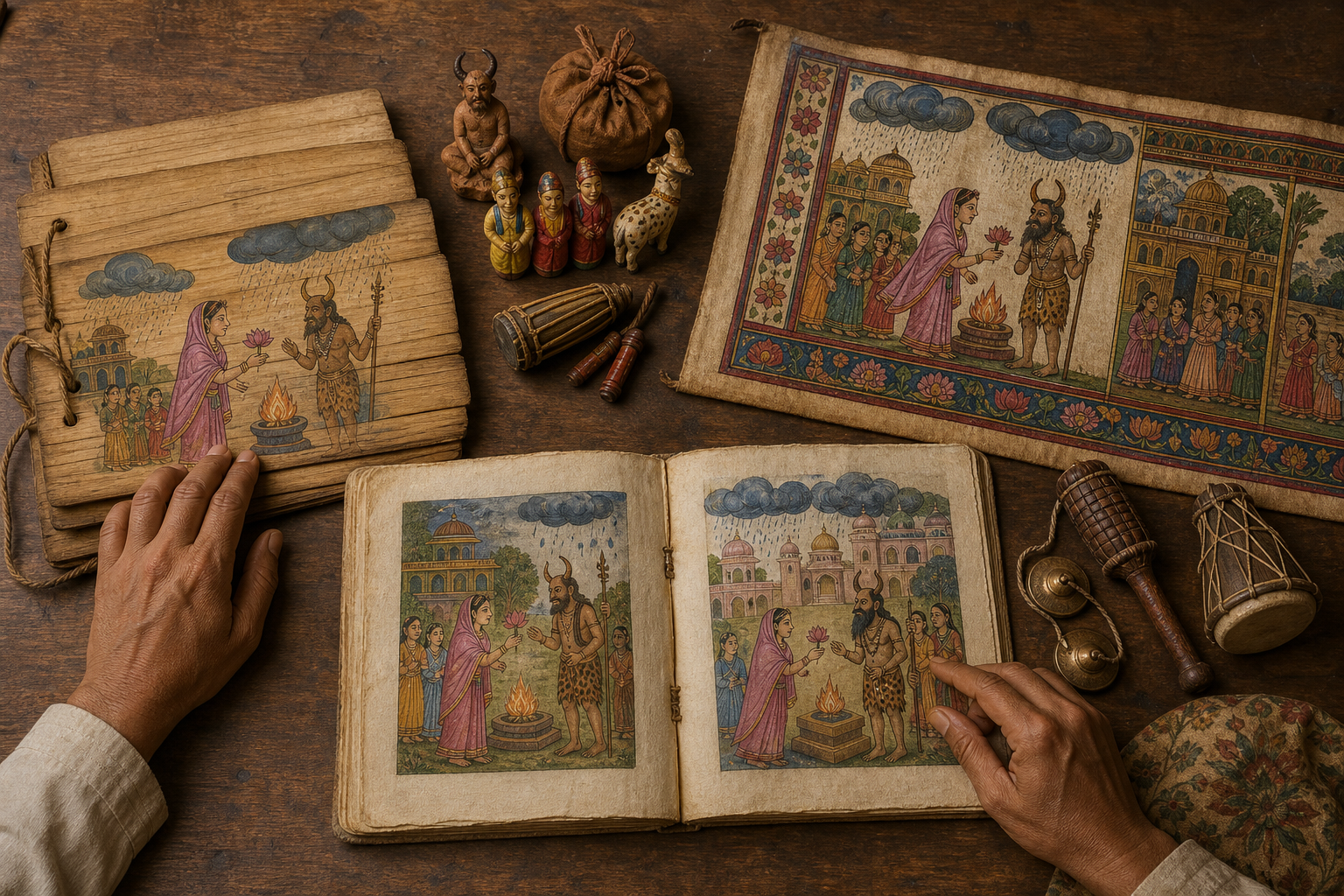 Several wordless manuscript and storytelling formats lie side by side, each depicting a different version of the Shantadevi and Rishyasringa narrative.