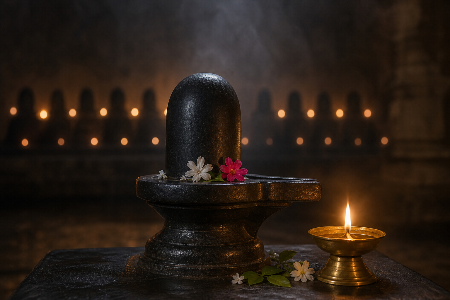 A single Shiva linga with flowers and an oil lamp is surrounded by softly repeating shadows in a dark stone sanctum.