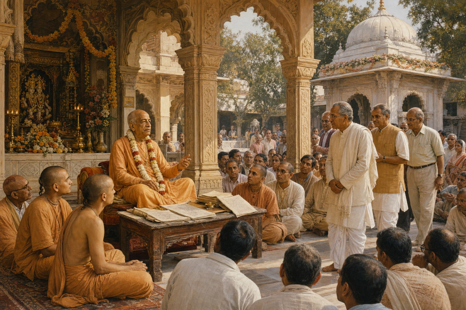 An elderly Vaishnava teacher in saffron robes sits in a Vrindavan temple courtyard surrounded by disciples, civic guests, worship offerings, manuscript pages, and a large festival gathering.