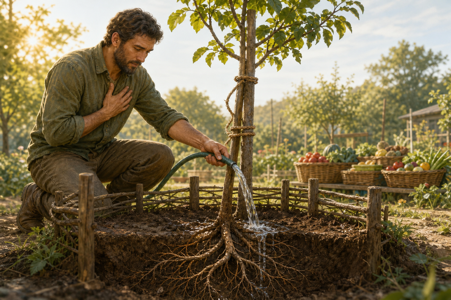 A caretaker waters and supports a young fruit tree in a community garden, with shared baskets of produce nearby.